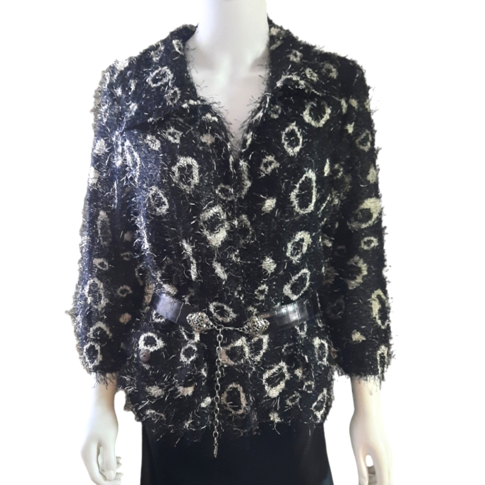 KAKTUS Black/White Eyelash Knit Animal Print Notch Collar Open Front Jacket L